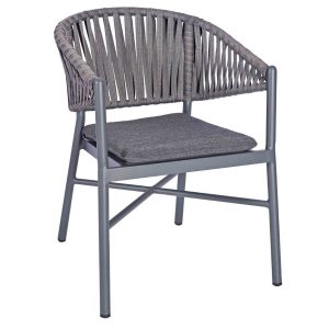 Front view of the grey Milan Armchair. Metal frame, woven rope back, and upholstered seat.