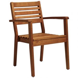 Front view of a wooden More Armchair. The outdoor chair has a Robina wood frame, seat and back.