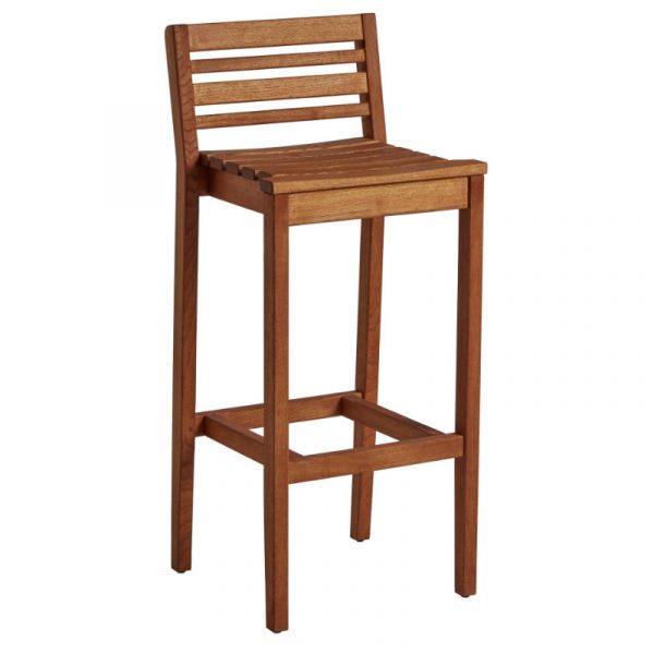 Full view of the More Barstool. Crafted with Robina wood, featuring a slatted back and seat, ideal for outdoor settings.