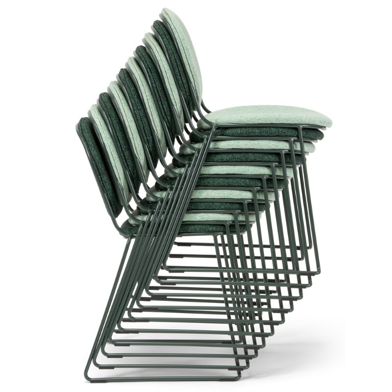 Stacked Papas C side chair. Upholstered in green fabric with a metal frame.