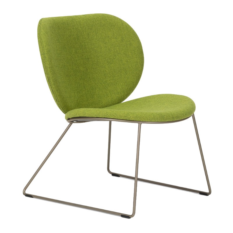 Angled view of a green upholstered Papas Lounge Chair with a metal frame.