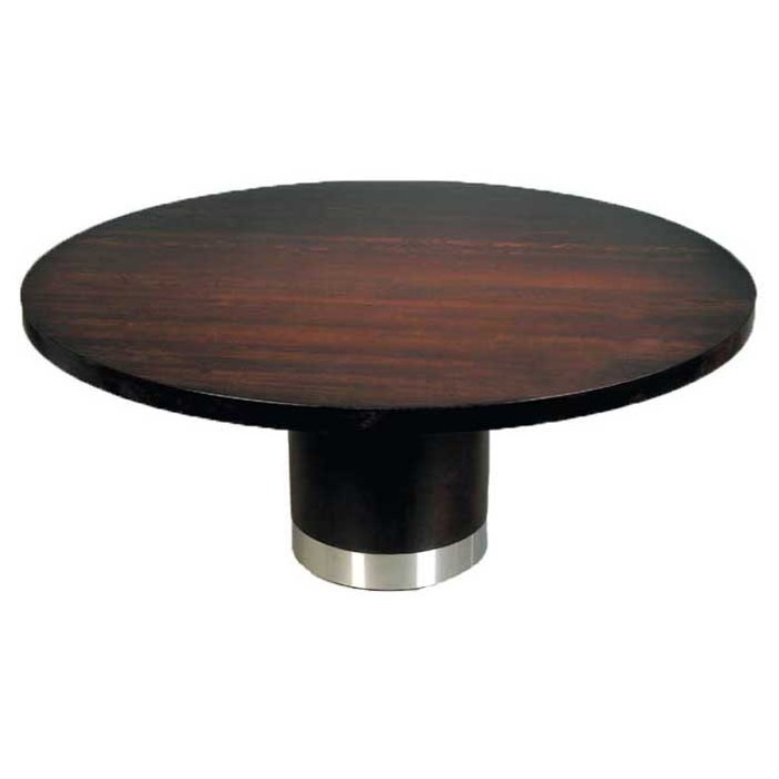 Round Queen dining table with a dark wood top, cylindrical base, and a silver accent ring.