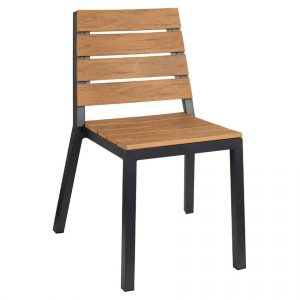 Front view of a Riga side chair. The chair has a black metal frame with a wood effect seat and back.