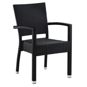 Woven black Sorrento armchair with armrests, metal frame and silver feet caps.