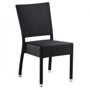 Wicker-woven black Sorrento Side Chair with a PE resin weave frame, seat and back. Stackable outdoor chair.