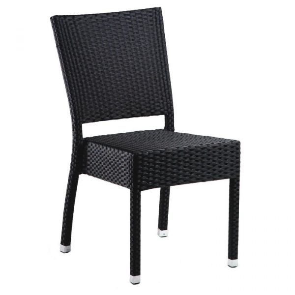 Wicker-woven black Sorrento Side Chair with a PE resin weave frame, seat and back. Stackable outdoor chair.