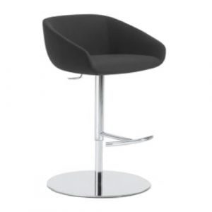 Upholstered black Sure P barstool with metal pedestal frame, swivel mechanism, and gas lift, offering adjustable seat height.