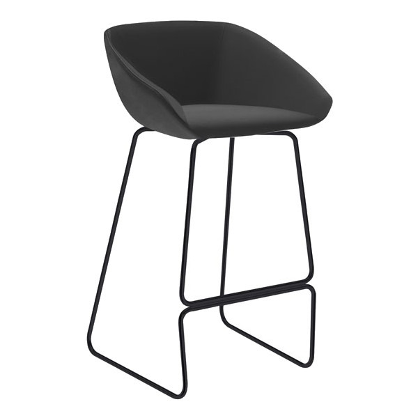 Upholstered gray Sure barstool with a black metal frame, side view.