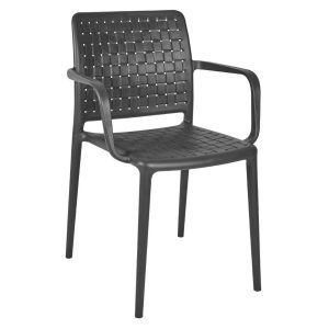 Front view of a black Troy Armchair. The chair has a woven polypropylene frame.