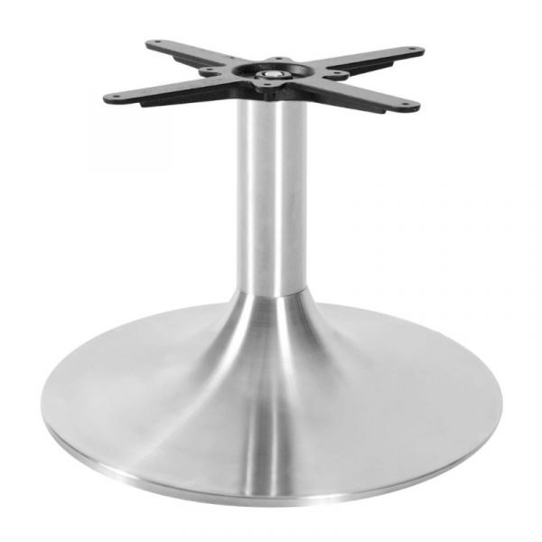 Brushed stainless steel Trumpet medium coffee table base with a round base and a black table top attachment.