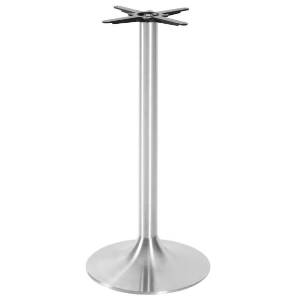 Brushed stainless steel Trumpet medium poseur table base with a round base and a black top plate.