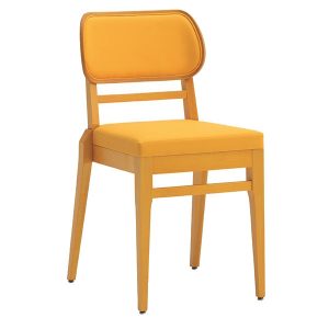 Front view of the Vanny side chair. Wooden frame with upholstered seat and back in yellow fabric.
