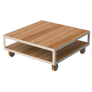 Square Vineyard coffee table with teak wood top, aluminium metal frame, and castors.