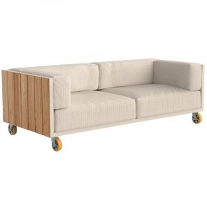 Vineyard sofa with upholstered seat and back. Aluminium metal frame, teak wood detail, and castors.