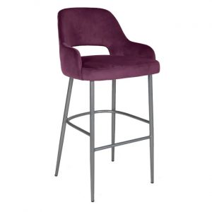 Upholstered Kent barstool in purple, with a metal frame and footrest.