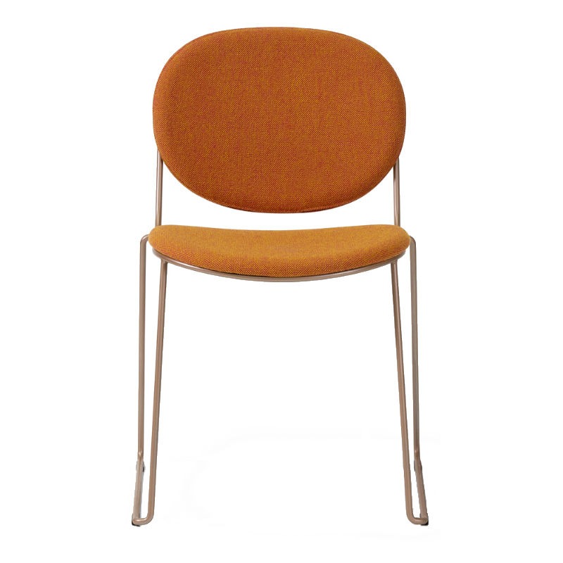 Front view of the Papas c side chair. It has an orange upholstered seat and back with a metal frame.
