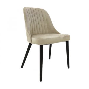Upholstered Court Side Chair with a wooden frame. The seat and back are a light beige color. The legs are black.