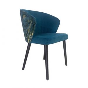 Upholstered Forum armchair in teal with a tropical print back and black wood frame.
