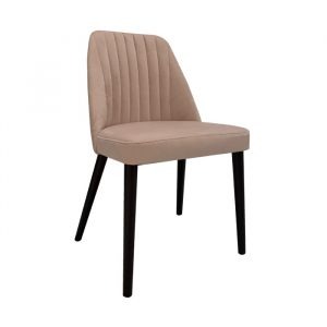 Upholstered Forum side chair in light brown with a vertical-seamed back and dark wood frame.
