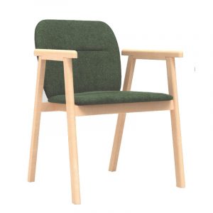 Front view of a Kursaal armchair. Wood frame with green upholstered seat and back.