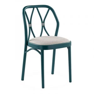 Front view of a teal Lace side chair with a gray upholstered seat and a wooden frame.