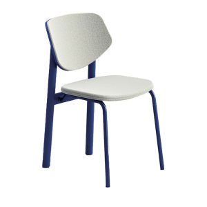 Angled studio shot of a Link Side Chair. Features a blue metal frame and upholstered seat and back in a light neutral fabric.