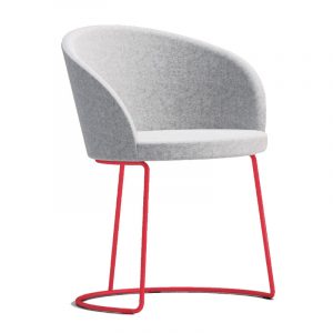 Upholstered Marilyn M armchair with gray fabric and red metal frame. Modern style, curved back.