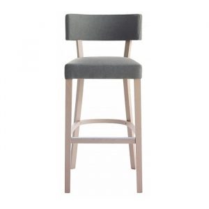 Front view of a Miami barstool. It features a light wood frame and gray upholstered seat and back.