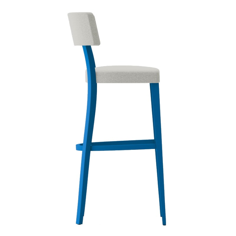 Side view of the Miami barstool. Blue wooden frame, upholstered seat and back in light gray fabric.