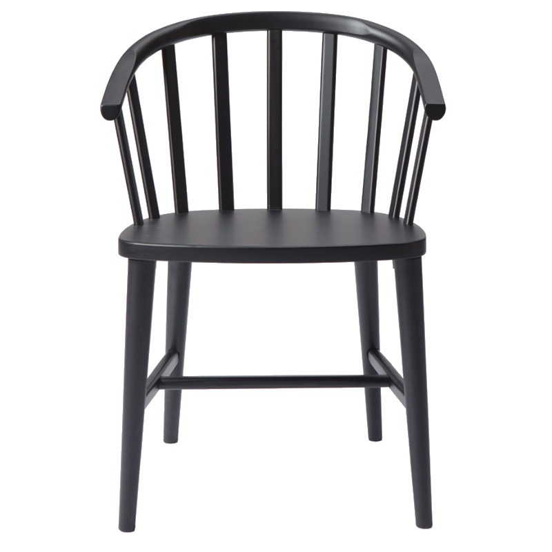 Front view of a black Pantelleria armchair with a wooden frame and back.