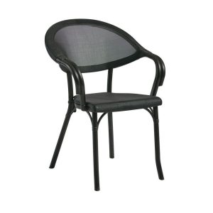 Front view of a black Selva armchair with a plastic frame and textile upholstered seat and back. Outdoor furniture.