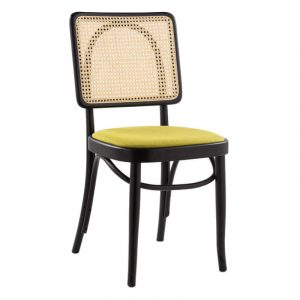 Sissi side chair with black wooden frame, cane back, and upholstered seat in green fabric.