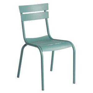 Side view of a light blue Marlow Side Chair, featuring a metal frame, suitable for outdoor use. Modern design, stackable.