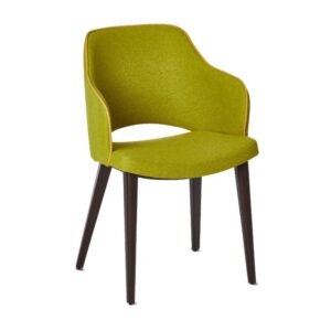 Upholstered Shark Armchair in green fabric with dark wood frame. Modern style chair.