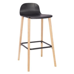 Modern Copenhagen barstool with black seat and light ash wood frame. Metal footrest detail.