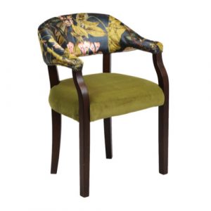 Hereford armchair with dark wood frame, green upholstered seat, and floral patterned back.