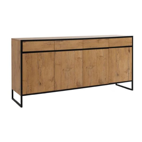 Oak-framed Loft large sideboard with black metal legs, 4 drawers and 4 doors.