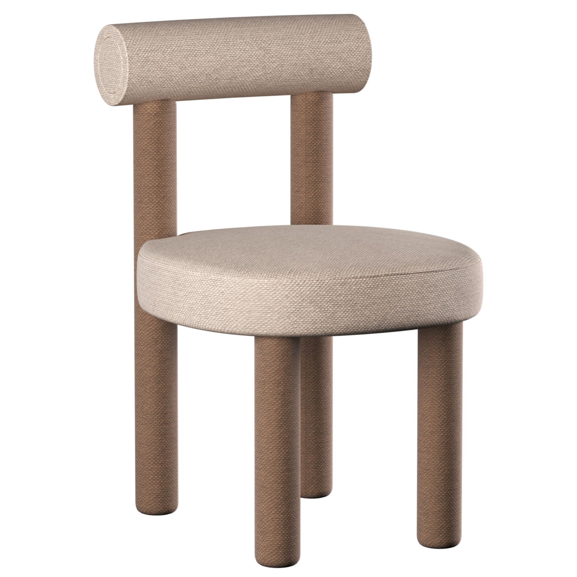 Front view of the Nara Side Chair. Upholstered legs, seat and back in beige fabric. Wooden frame.