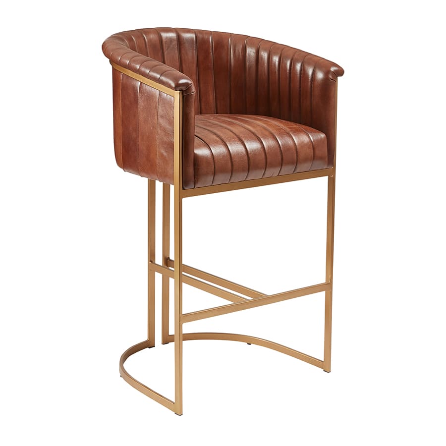 Upholstered Nolan barstool with brown leather. Gold finish iron metal frame, non-stackable. High stool.
