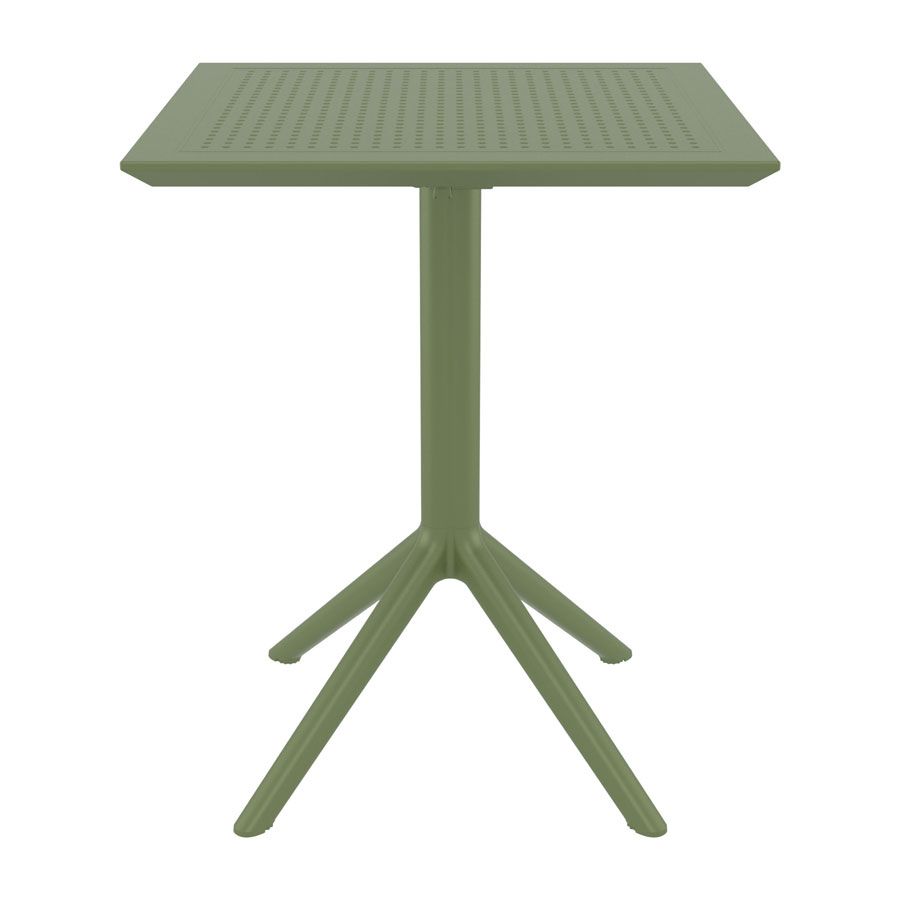 Olive green Sky folding table with a square, perforated tabletop and a three-legged base.