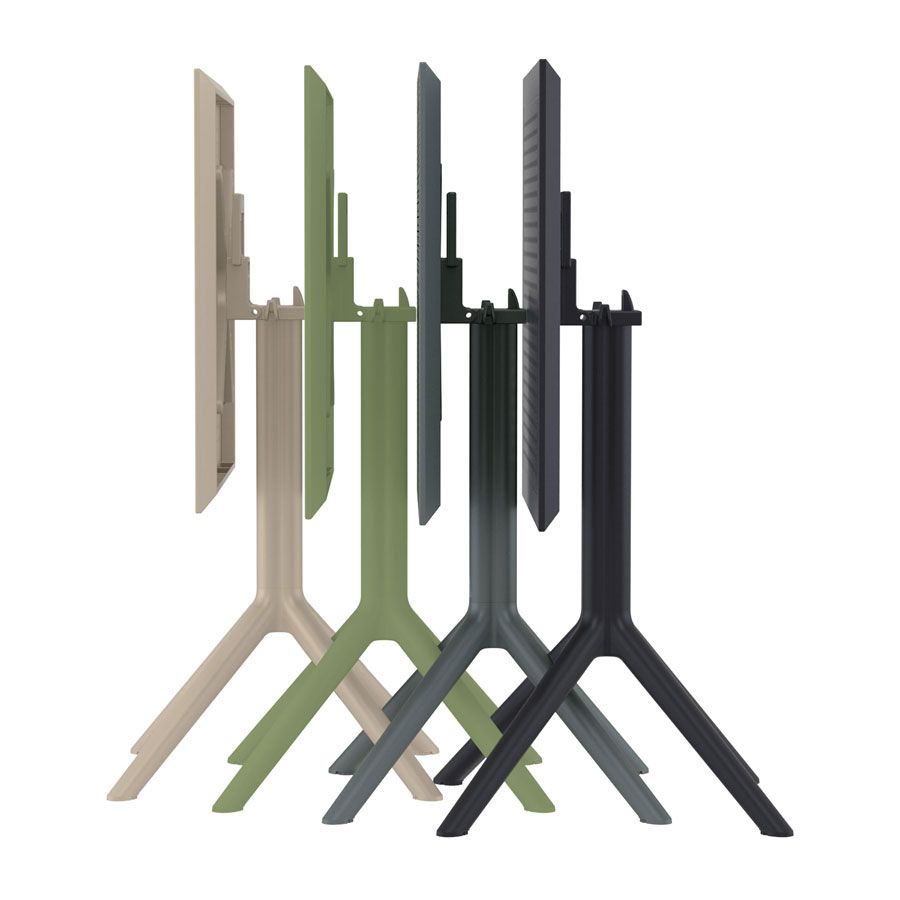 Sky folding table in taupe, olive green, dark grey, and black. The tables are folded up.