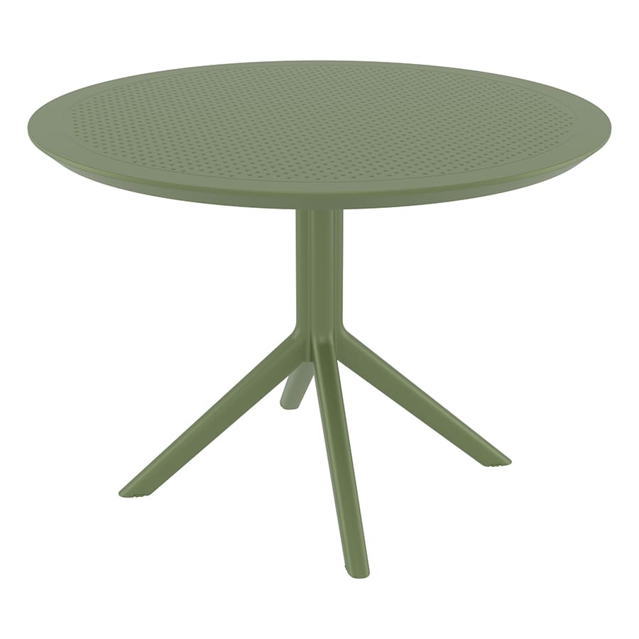 Olive green Sky Table. Round polypropylene top with a steel-reinforced ring and a steel base coated with polypropylene. Three-legged base.
