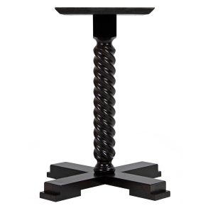 Front view of a dark wood Twine dining table base with a square top and an X-shaped base.