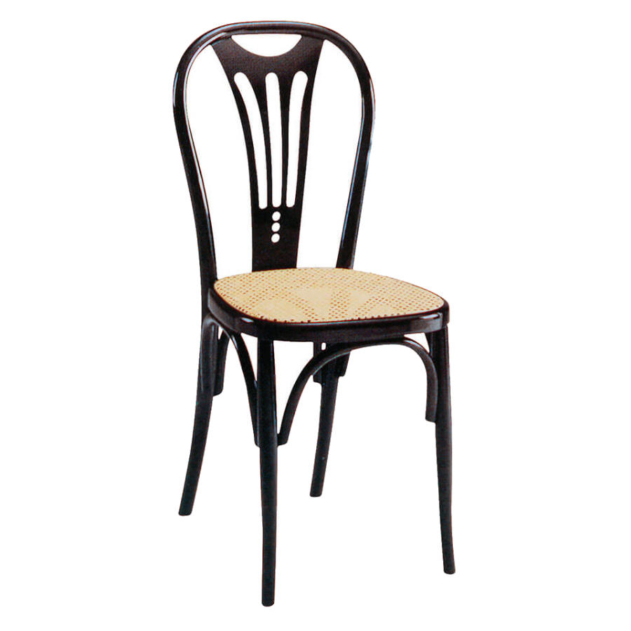 Front view of a black wood Beatrice Side Chair with a woven cane seat.
