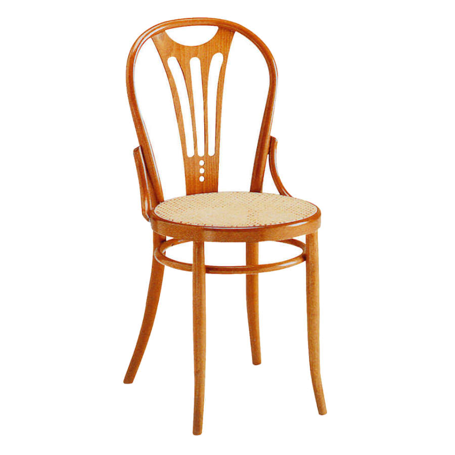 Front view of a wood-framed Beatrice Side Chair with a cane seat.