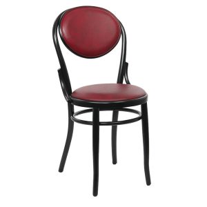 Front view of a Belle Side Chair. Black wooden frame with a round, red upholstered seat and back.