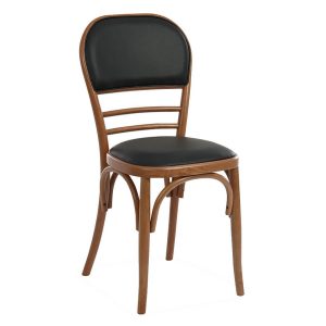Front view of a Dawn side chair with a wooden frame and black upholstered seat and back.