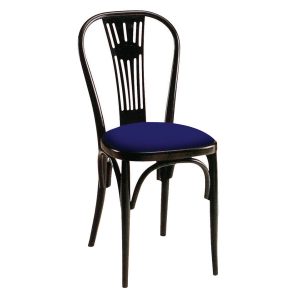 Flare side chair with a dark wood frame and blue upholstered seat. The back has a curved design with vertical slats.