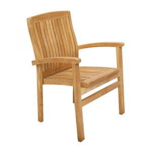 Teak wood Bali Armchair for outdoor use. Stackable chair with armrests, seat and back made of wooden slats.