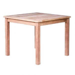 Square Bella table made of teak wood. Outdoor dining table with straight legs and paneled top.